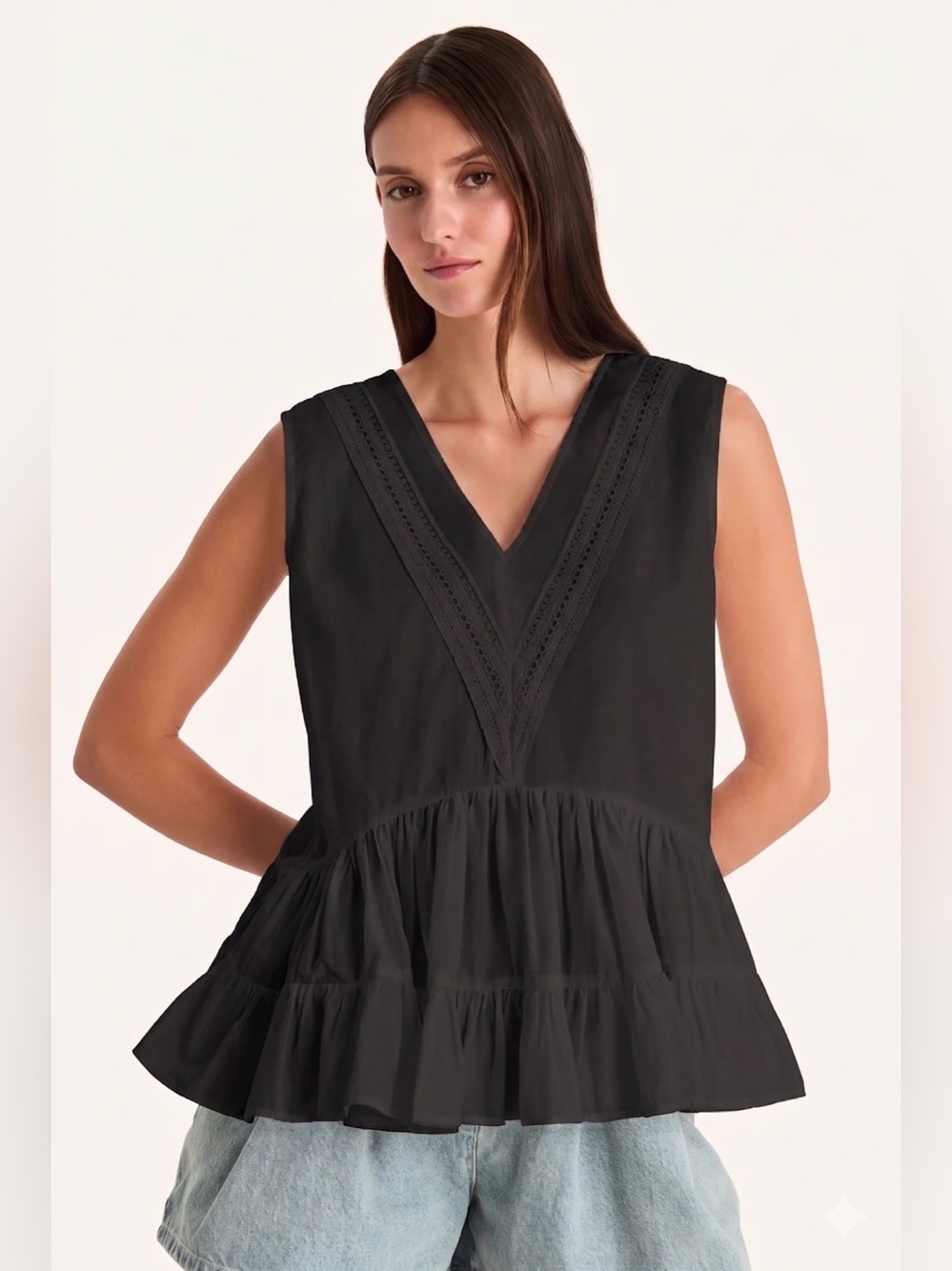 Merlette Senda Top Black Cotton Voile Lace Peplum Cami XS NWT $395